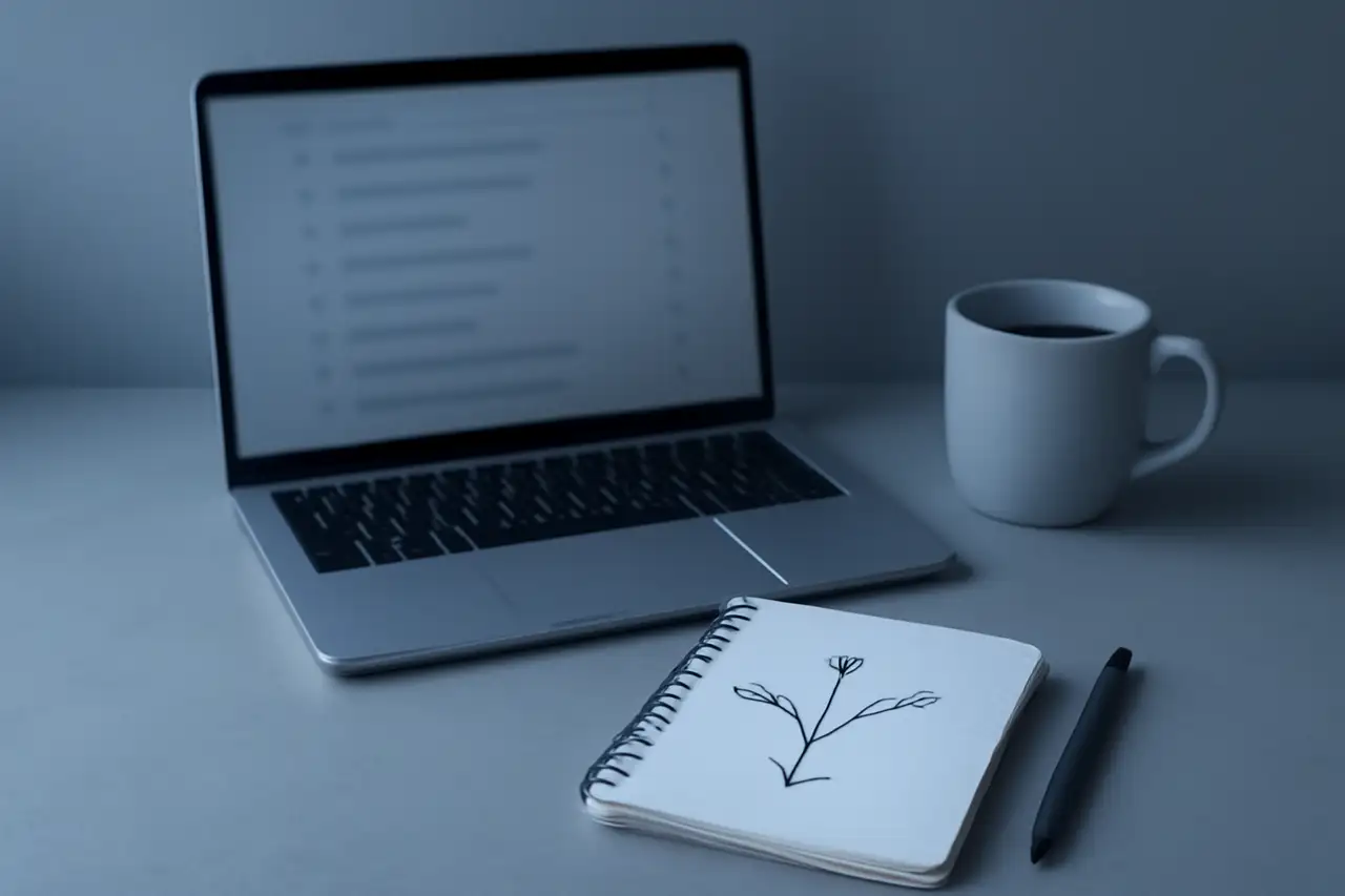 Bureau met laptop, notitieblok en koffie bij daglicht