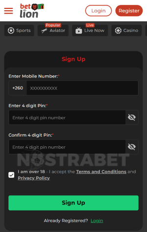 Betlion Zambia mobile registration form